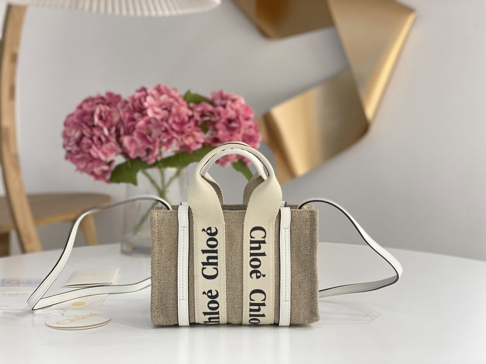 Chloe Tote Bag, Woody Mini: We offer FREE SHIPPING for both domestic and international clients who bid over $500. Mini white Chloe Tote Bag, Woody mini shoulder strap version. This adorable Woody tote bag features a striped line