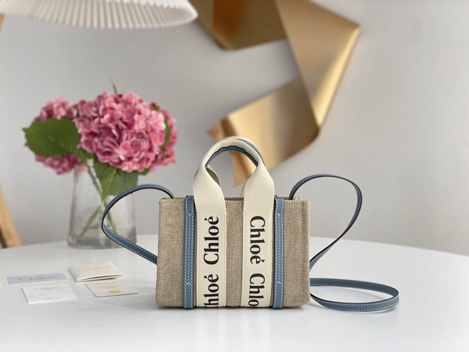 Chloe Tote Bag, Woody Mini: We offer FREE SHIPPING for both domestic and international clients who bid over $500. Mini Chloe Tote Bag in a dusty blue color, Woody mini shoulder strap version. This adorable Woody tote bag feature