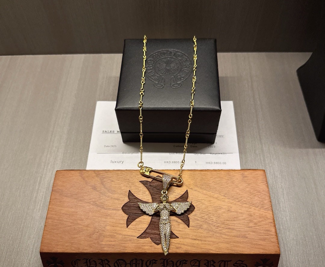 Chrome Hearts Golden Classic Necklace: We offer FREE SHIPPING for both domestic and international clients who bid over $500. Chrome Hearts classic gold necklace, with different patterns and designs, presents a unique style. The cross and s