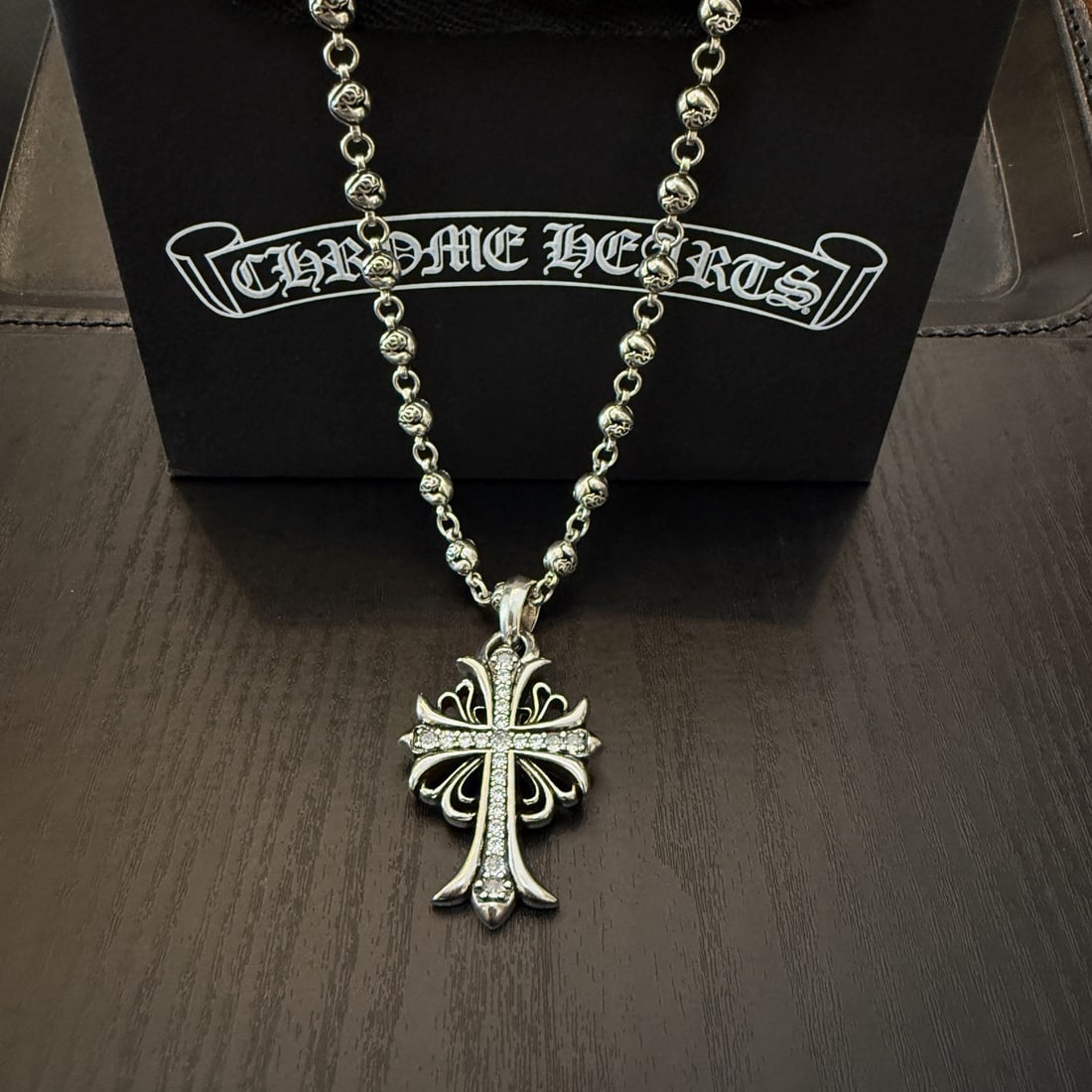 Chrome Hearts classic necklace: We offer FREE SHIPPING for both domestic and international clients who bid over $500. Chrome Hearts' classic retro multi-element necklace with full diamond cross pendant features an embossed design an