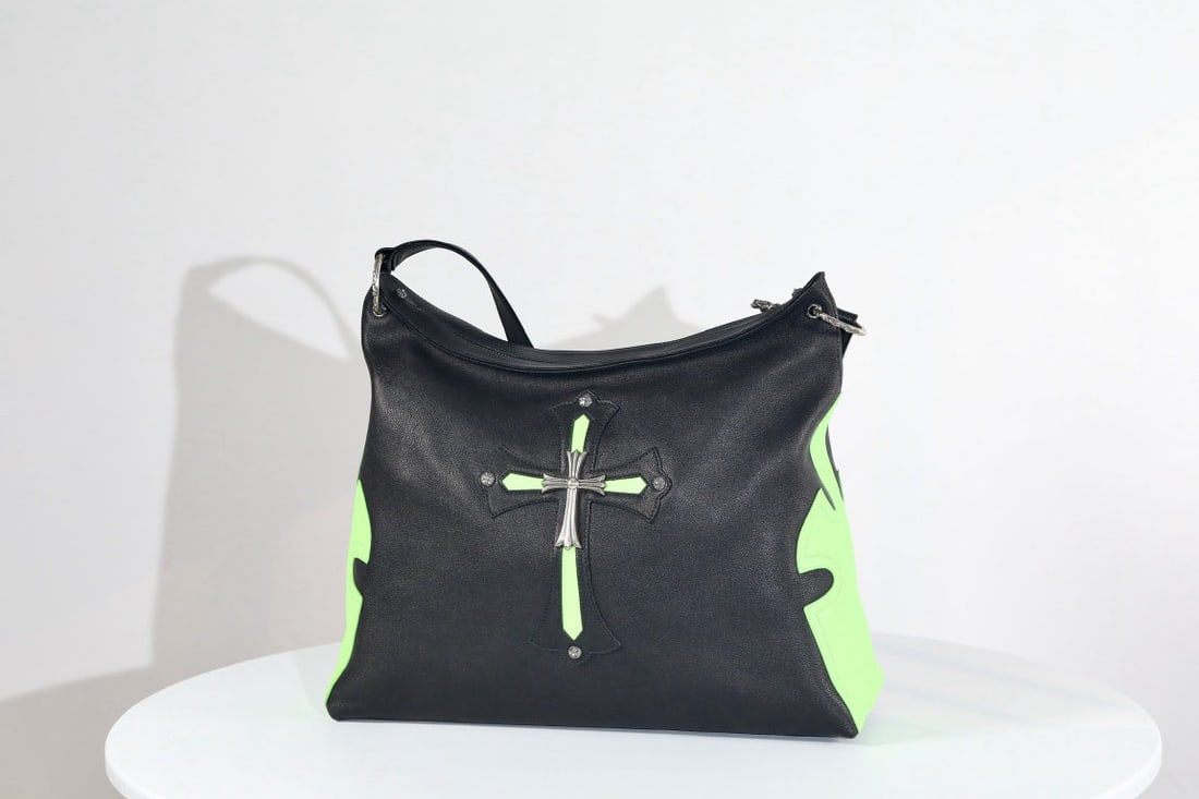Chrome Hearts Little Lyon: We offer FREE SHIPPING for both domestic and international clients who bid over $500. Chrome Hearts Little Lyon Shoulder/Crossbody Bag, Black and Green Tumbled Leather (Approx. 131g Weight), Dimension