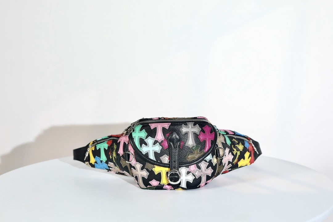Chrome Hearts: We offer FREE SHIPPING for both domestic and international clients who bid over $500. Chrome Hearts Multicolor Patches Snat Pack Classic Medium Waist Bag in Colorful Cross-Section Leather (Approx. 114