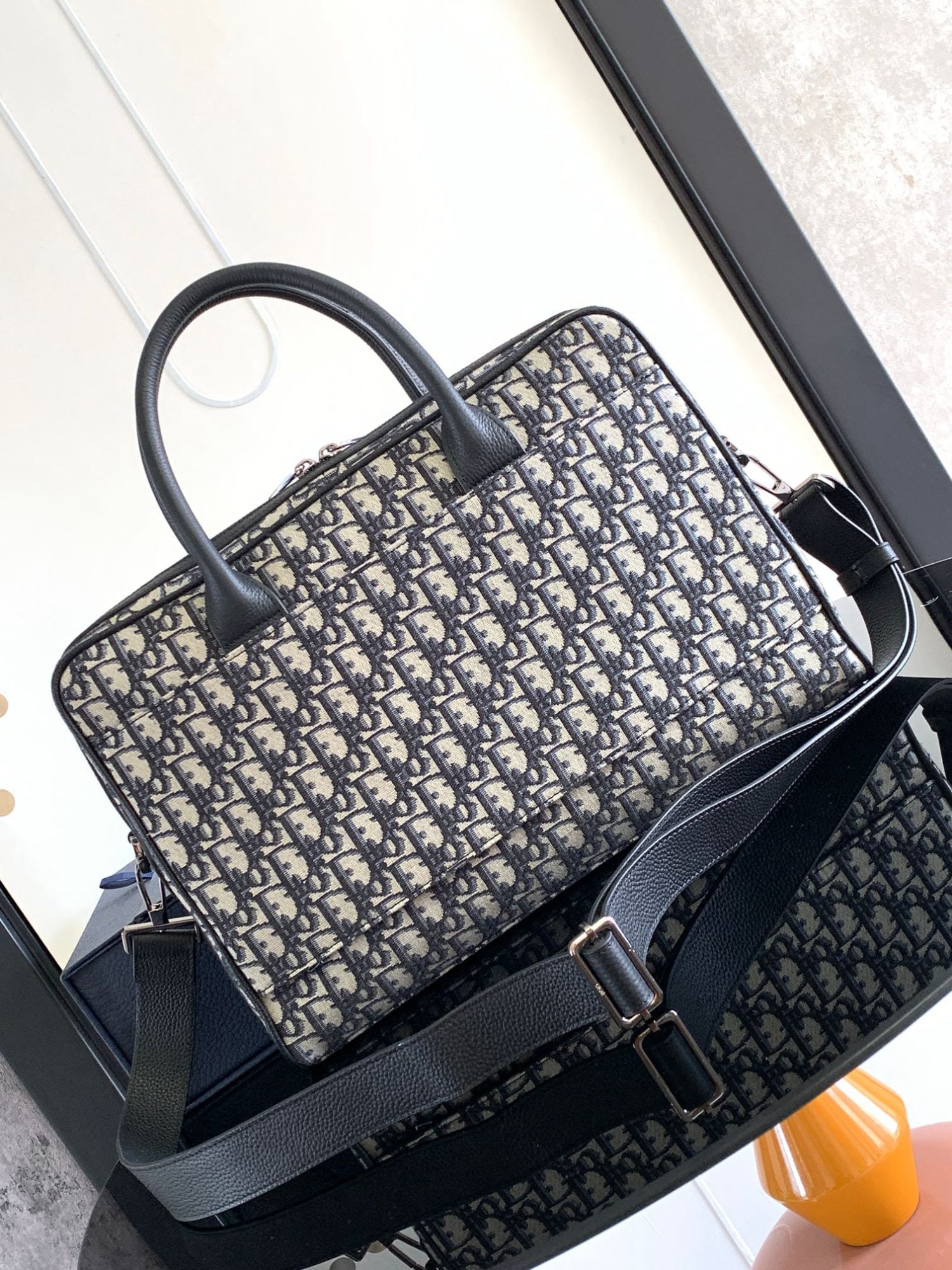 Christian Dior: We offer FREE SHIPPING for both domestic and international clients who bid over $500. Christian Dior men's briefcase, blue canvas with leather trim, crafted from apricot Oblique pattern jacquard, blac