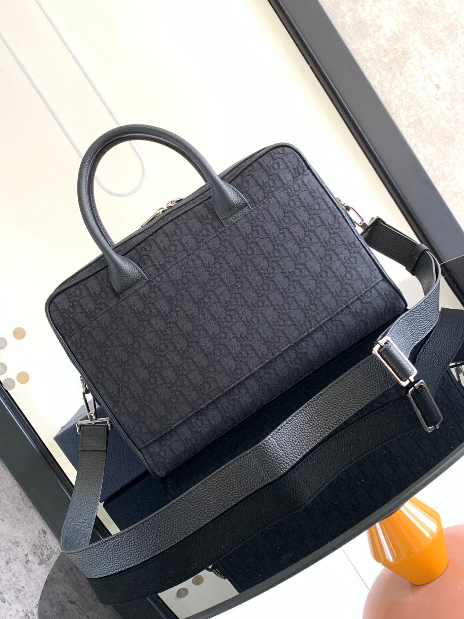 Christian Dior: We offer FREE SHIPPING for both domestic and international clients who bid over $500. Christian Dior men's briefcase, black canvas and leather trim, crafted from black oblique jacquard leather with a 