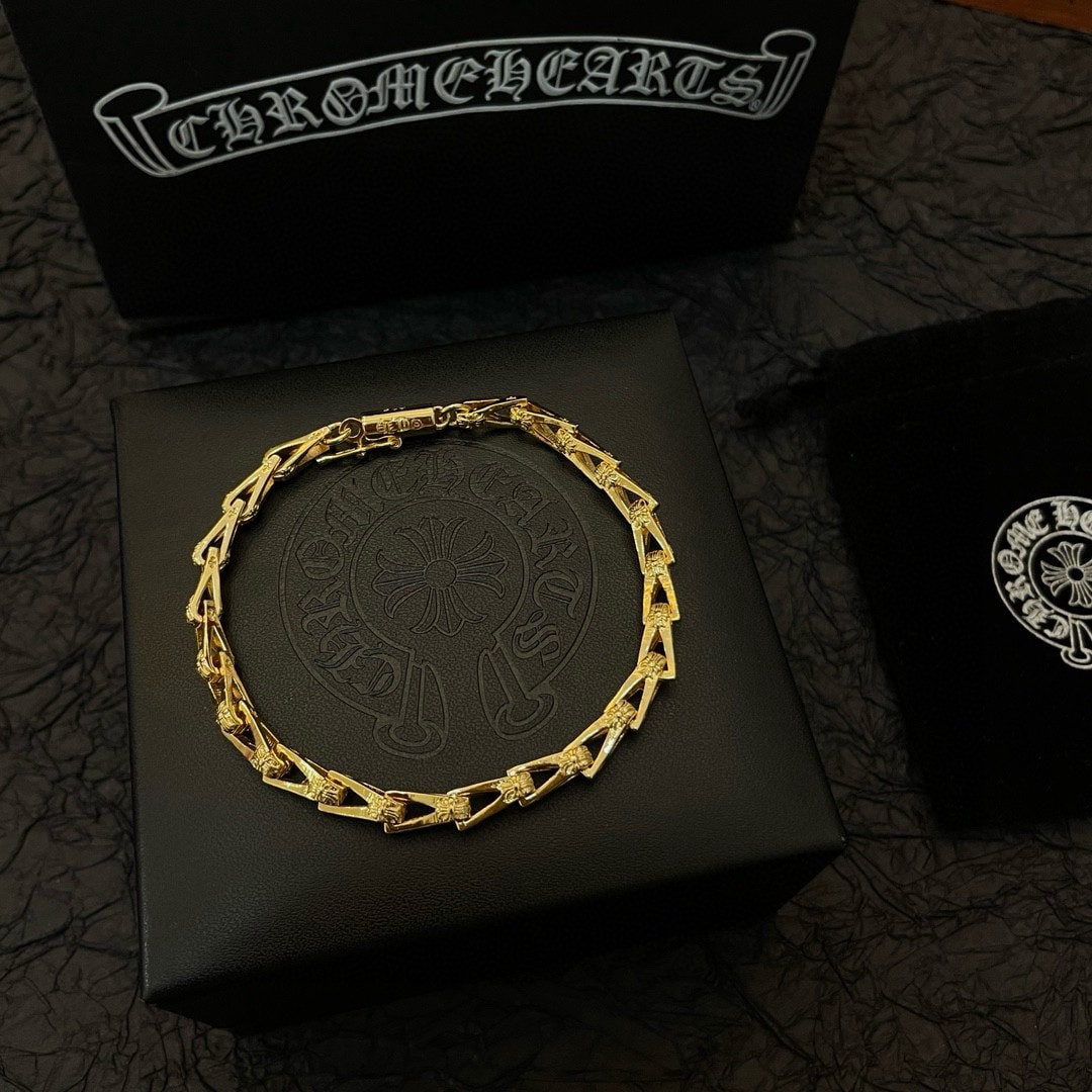Chrome Hearts Bracelet: We offer FREE SHIPPING for both domestic and international clients who bid over $500. Chrome Hearts classic gold vintage letter holder bracelet. The embossed design and various patterns create a uniqu