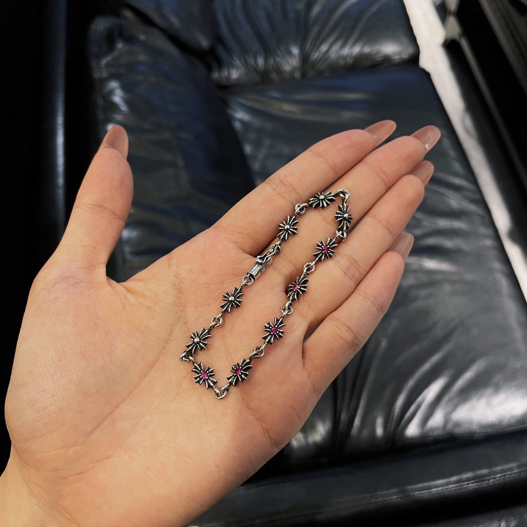 Chrome Hearts Bracelet: We offer FREE SHIPPING for both domestic and international clients who bid over $500. Chrome Hearts Red Diamond Letter Bracelet, Sterling Silver, Vintage Hand-Inlaid Lettering and Floral Elements, Red