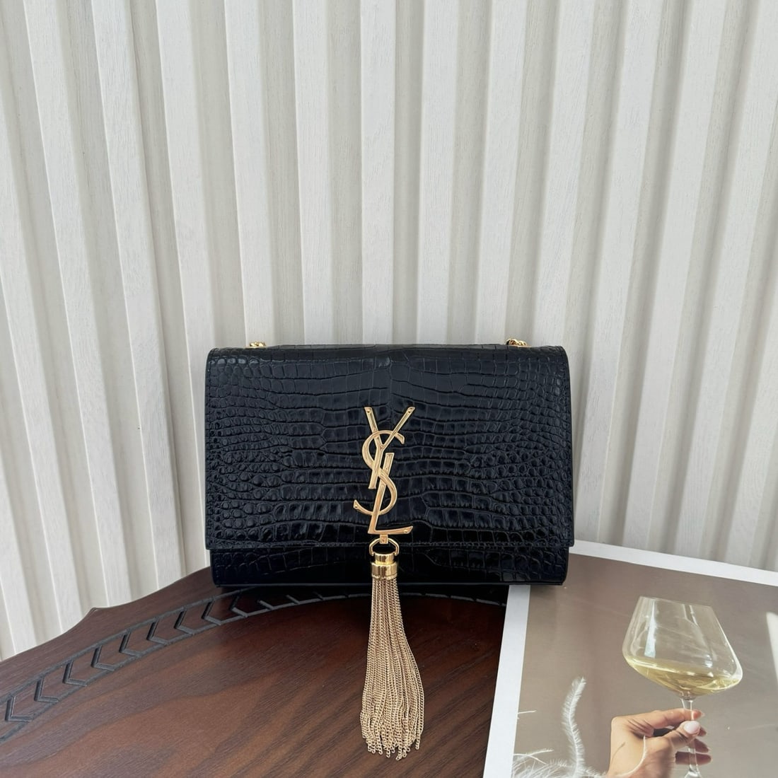 Yves Saint Laurent Kate small chain bag: We offer FREE SHIPPING for both domestic and international clients who bid over $500. Kate small crocodile-embossed tassel bag. A classic design paired with cowhide leather with a striking crocodile p