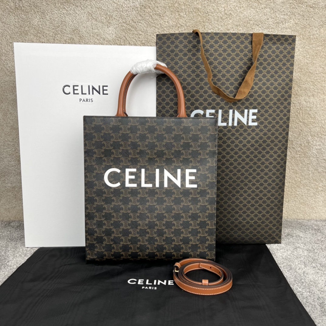 Celine CABAS TRIOMPHE: We offer FREE SHIPPING for both domestic and international clients who bid over $500. CABAS TRIOMPHE Canvas Small Vertical Handbag, 11 x 13 x 3 inches (28.5 x 33 x 8 cm). 65% coated canvas, 35% calfsk