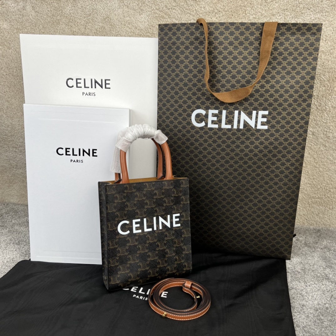 Celine CABAS TRIOMPHE CANVAS: We offer FREE SHIPPING for both domestic and international clients who bid over $500. CABAS TRIOMPHE CANVAS logo print vertical mini handbag 7 x 8 x 2 inches (17 x 21 x 4 cm) faux leather lining; adju