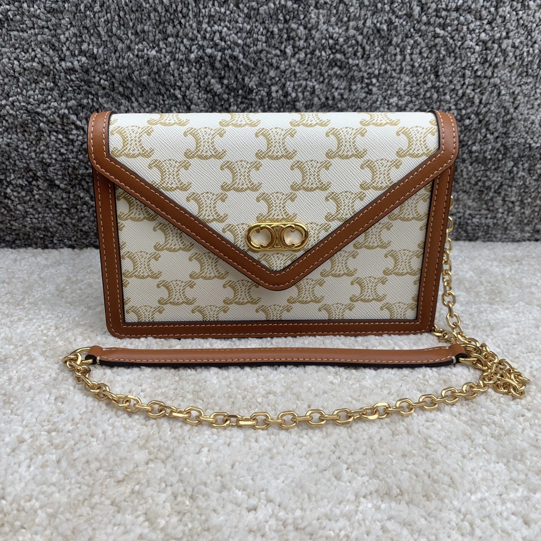 Celine Mailon Triophe: We offer FREE SHIPPING for both domestic and international clients who bid over $500. MAILLON TRIOMPHE Logo Print Lambskin Leather Chain Wallet, White Floral, Tan, 8 x 5 x 2 inches (19.5 x 13 x 4 cm).