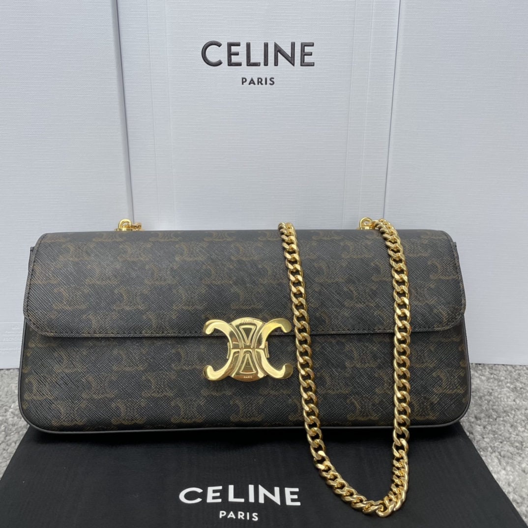 Celine Triophe: We offer FREE SHIPPING for both domestic and international clients who bid over $500. TRIOMPHE Logo Print Chain Bag (All Steel Hardware) Tan, 30 cm. Features include: TRIOMPHE CANVAS logo print,