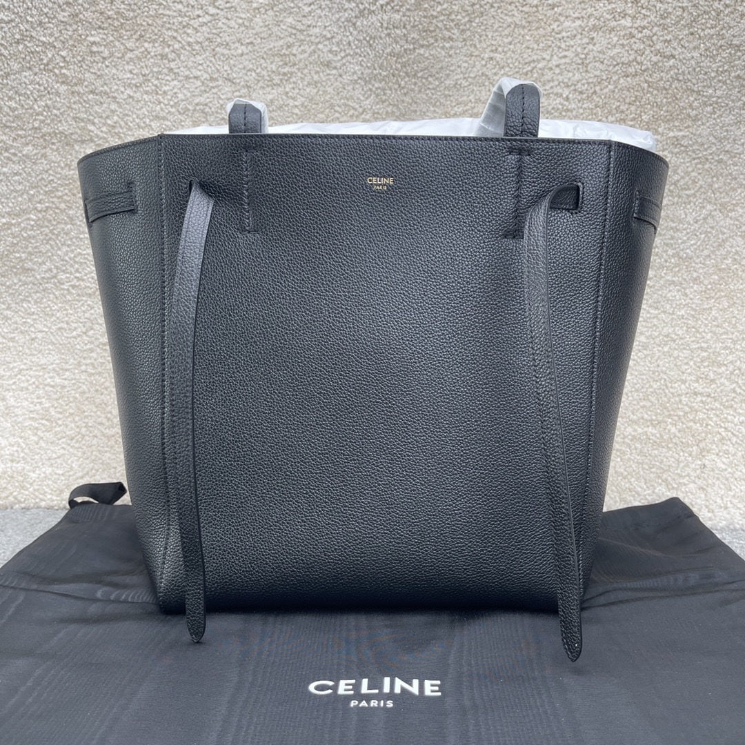 Celine: We offer FREE SHIPPING for both domestic and international clients who bid over $500. CABAS PHANTOM Black Small Soft Grained Calfskin Shoulder Bag with Leather Handles and Drawstring Closure. 11 x 12
