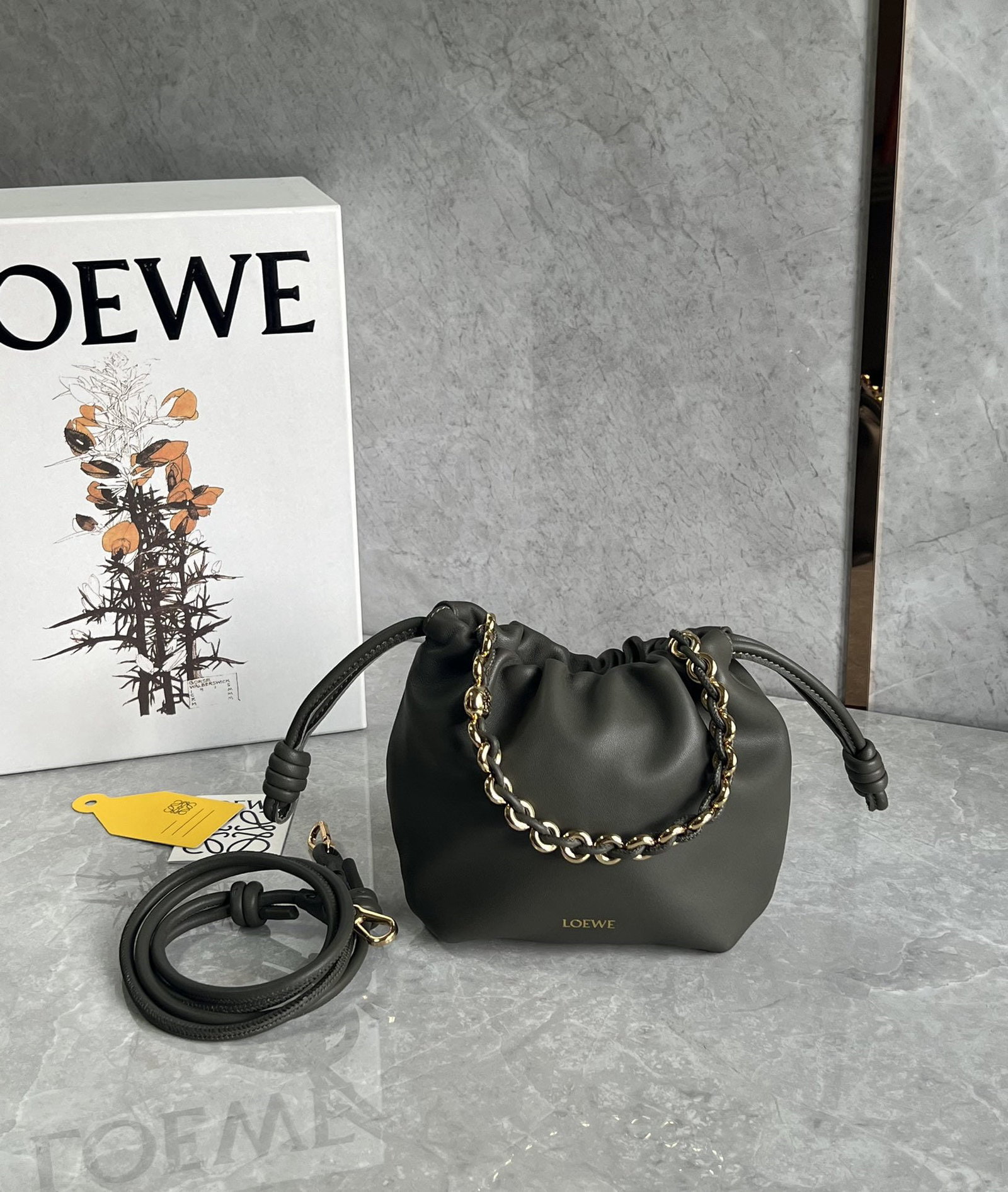LOEWE Flamenco Purse: We offer FREE SHIPPING for both domestic and international clients who bid over $500. LOEWE Flamenco Purse Goodie Bag, Khaki Green, Small Size. Features a pleated design and soft lambskin leather