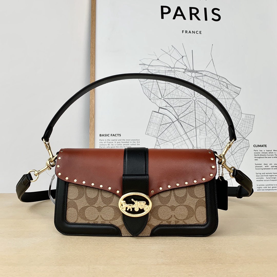 COACH: We offer FREE SHIPPING for both domestic and international clients who bid over $500. COACH 5605 Studded Color-Blocked Tabby Crossbody Bag with Monogram Canvas and Brown Vintage Leather Strap. Feature