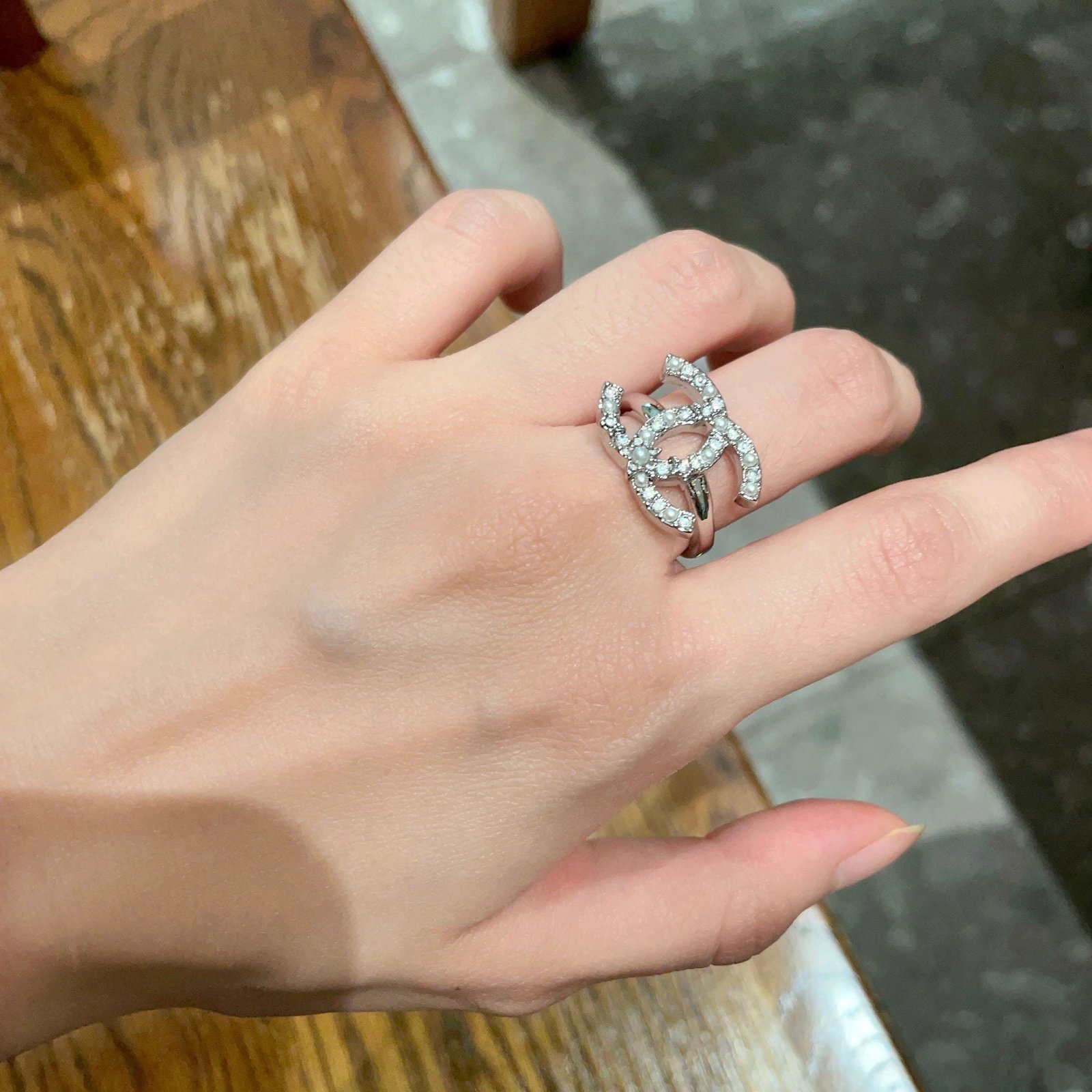 Chanel double C logo ring: We offer FREE SHIPPING for both domestic and international clients who bid over $500. Chanel double C logo ring! The simple design is incredibly sophisticated, makes your hands appear whiter, and is