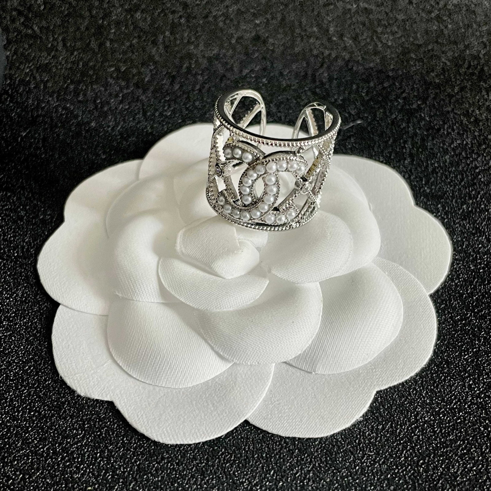 Chanel double C logo ring: We offer FREE SHIPPING for both domestic and international clients who bid over $500. Chanel double C logo ring! The simple design is incredibly sophisticated, makes your hands appear whiter, and is v