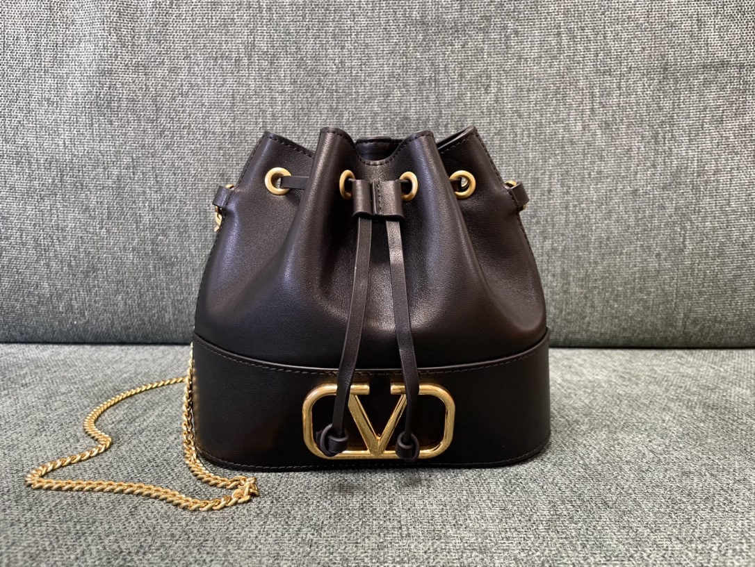 Valentino: We offer FREE SHIPPING for both domestic and international clients who bid over $500. Valentino Mini Bucket Bag - Valentino Mini Lambskin Bucket Bag - Vintage Brass Antique Finish Logo and Hardware - 
