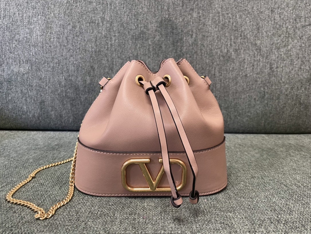 Valentino: We offer FREE SHIPPING for both domestic and international clients who bid over $500. Valentino Mini Bucket Bag - Valentino Mini Lambskin Bucket Bag - Vintage Brass Antique Finish Logo and Hardware - 