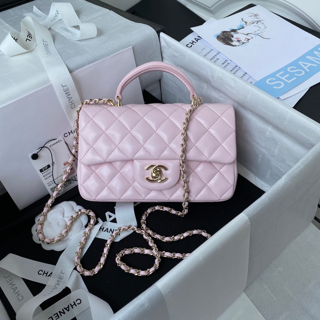 Light gold CHANEL Mini CF handle handbag: We offer FREE SHIPPING for both domestic and international clients who bid over $500. Light gold CHANEL Mini CF handle handbag with classic quilted flap embellishment and a delicate chain handle; made