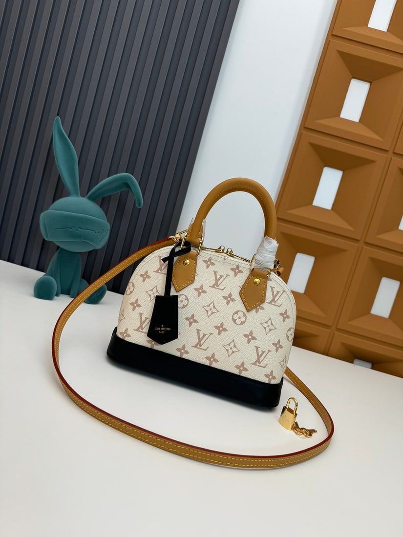 LV White Flower: We offer FREE SHIPPING for both domestic and international clients who bid over $500. White cowhide trim enhances the beige tone, while the handles and strap feature a wood-grain leather finish. The b