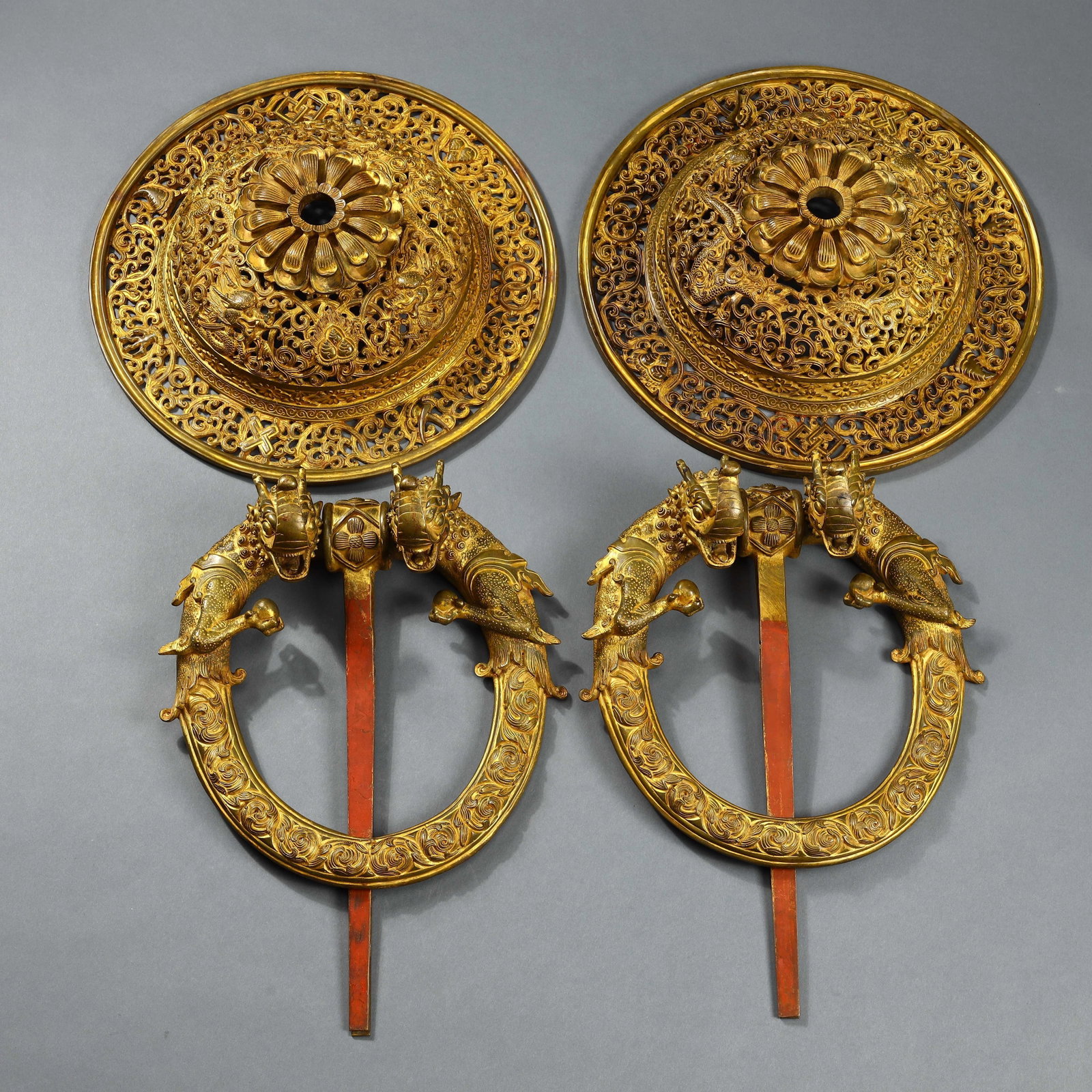 Qing Dynasty (PAIR) ROYAL GILT BRONZE OPEN-WORK DOOR RINGS (1 of 6)