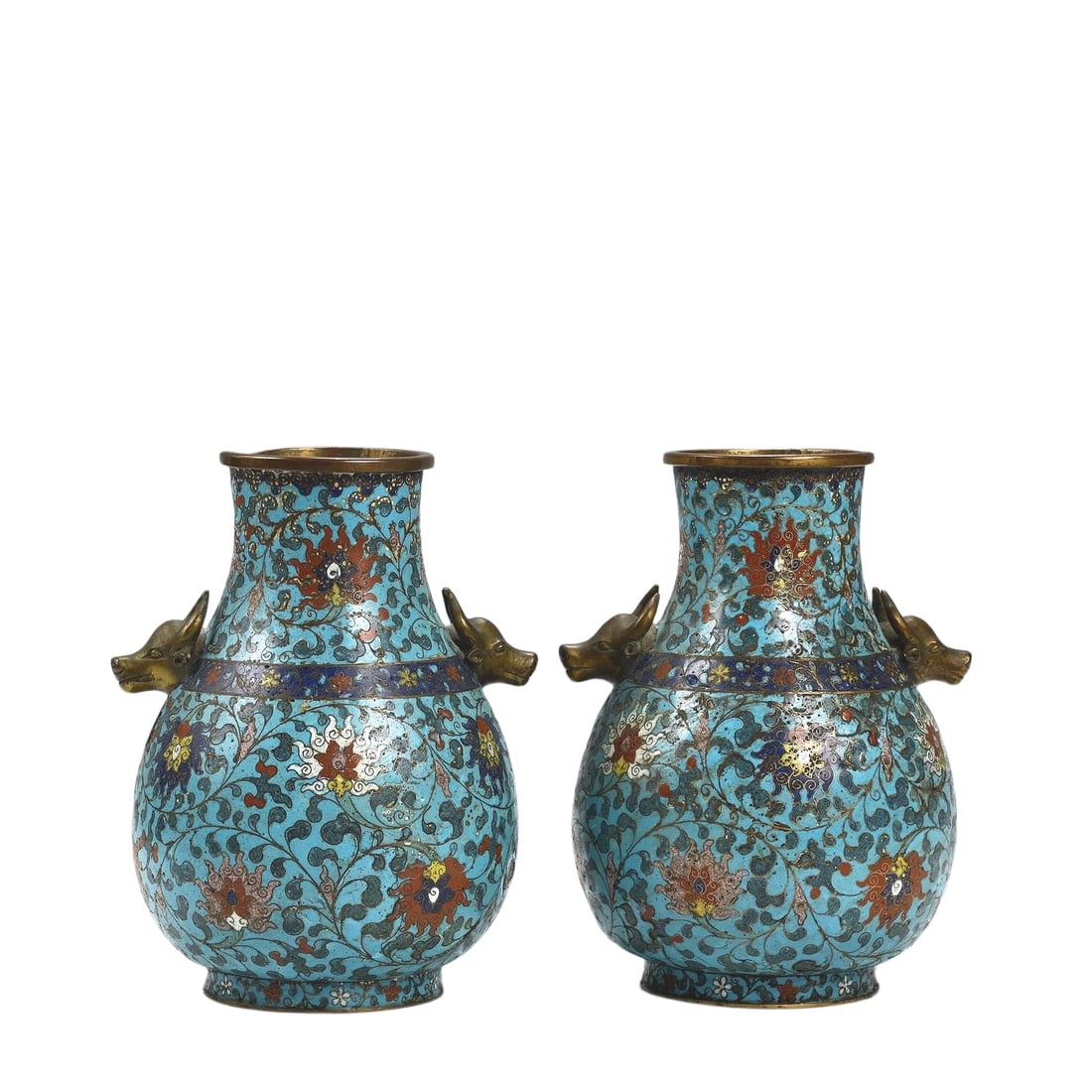 Qing Dynasty PAIR OF CLOISONNÉ ENAMEL VASES: A MAGNIFICENT PAIR OF CLOISONNÉ ENAMEL VASES WITH OX-HEAD HANDLES. Qing Dynasty, 18th Century Height:23.5cm. Description: Each vase is of elegant pear-shaped form, rising from a short foot to a flari