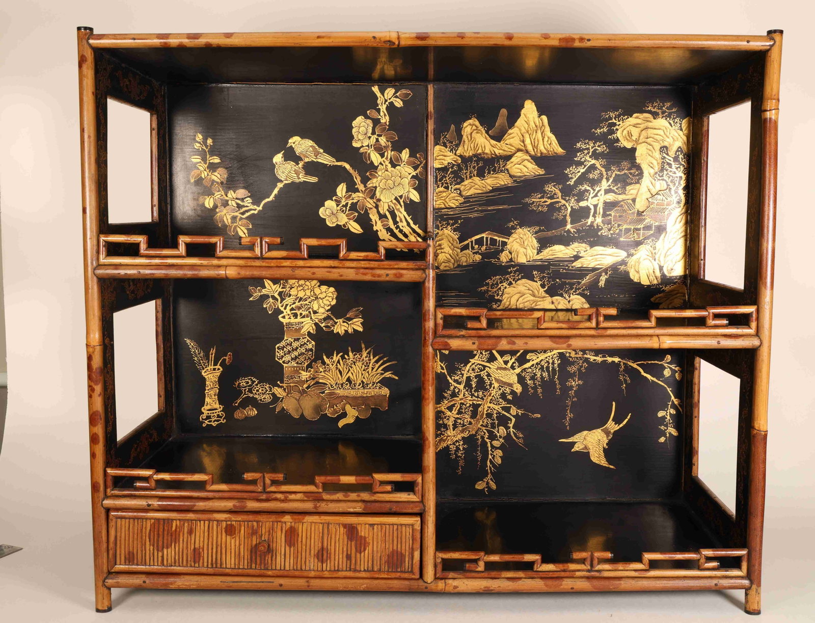 Qing Dynasty Mottled-Bamboo Gilt-Lacquer Display Cabinet: Qing Dynasty Mottled-Bamboo Gilt-Lacquer Display Cabinet. Qing Dynasty, 19th Century Length: 52cm Width: 22.5cm Height: 45cm. Description: An open display cabinet of rectangular form, the bamboo frame