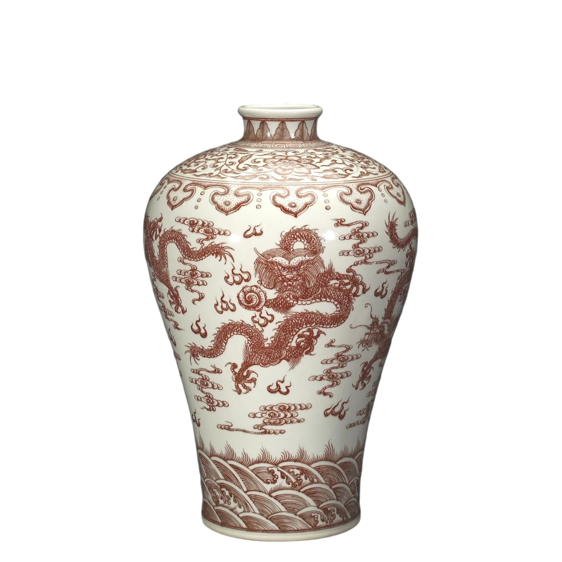 Qing Dynasty COPPER-RED-DECORATED MEIPING VASE: A SUPERB COPPER-RED-DECORATED 'DRAGON AMID WAVES' MEIPING VASE. Bearing a Six-Character Qianlong Seal Mark in Underglaze Blue; Qing Dynasty, Qianlong Period (1736–1795)Height:58cm. Description: Of m