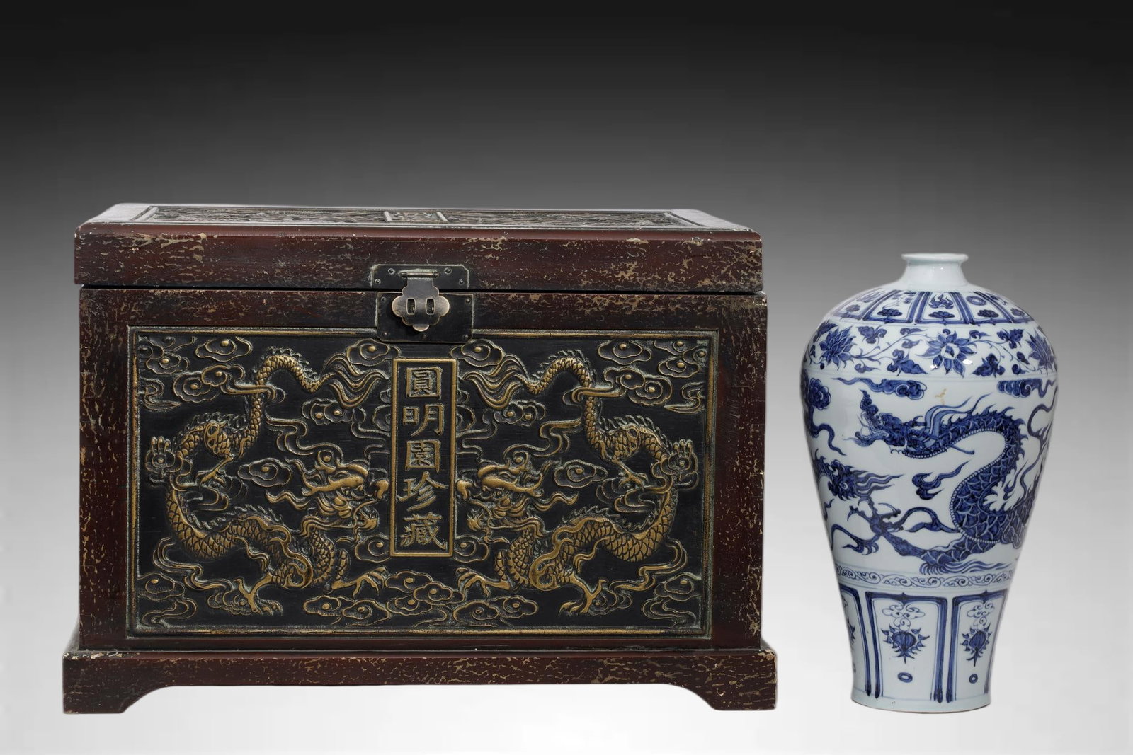Yuan Dynasty IMPORTANT BLUE-AND-WHITE 'FIVE-CLAWED DRAGON' MEIPING VASE: AN EXCEPTIONALLY RARE AND IMPORTANT BLUE-AND-WHITE 'FIVE-CLAWED DRAGON' MEIPING VASE. With Yuanmingyuan Imperial Collection Storage Box; Yuan Dynasty, 14th Century. Height:35cm. Description: A storage