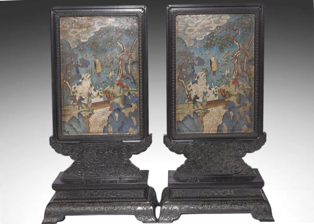 Qing Dynasty PAIR OF CLOISONNÉ ENAMEL TABLE SCREENS (1 of 10)