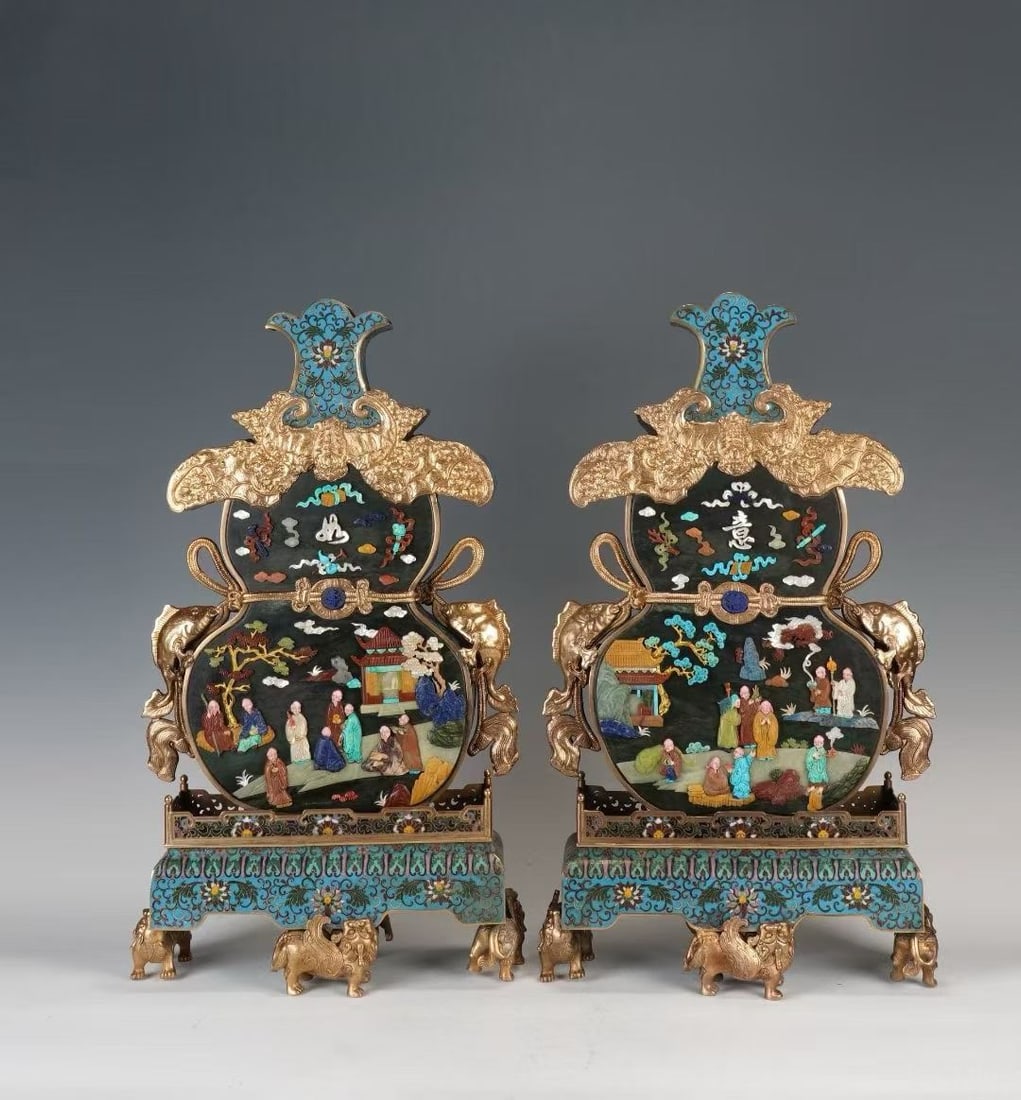 Qing Dynasty Imperial Cloisonné Enamel, Gilt-Bronze Inlaid Table Screen: Superb Imperial Cloisonné Enamel, Gilt-Bronze and Hardstone-Inlaid Table Screens. Chinese, Qing Dynasty. Description: A pair of exceedingly rare imperial table screens, each combining cloisonné enam