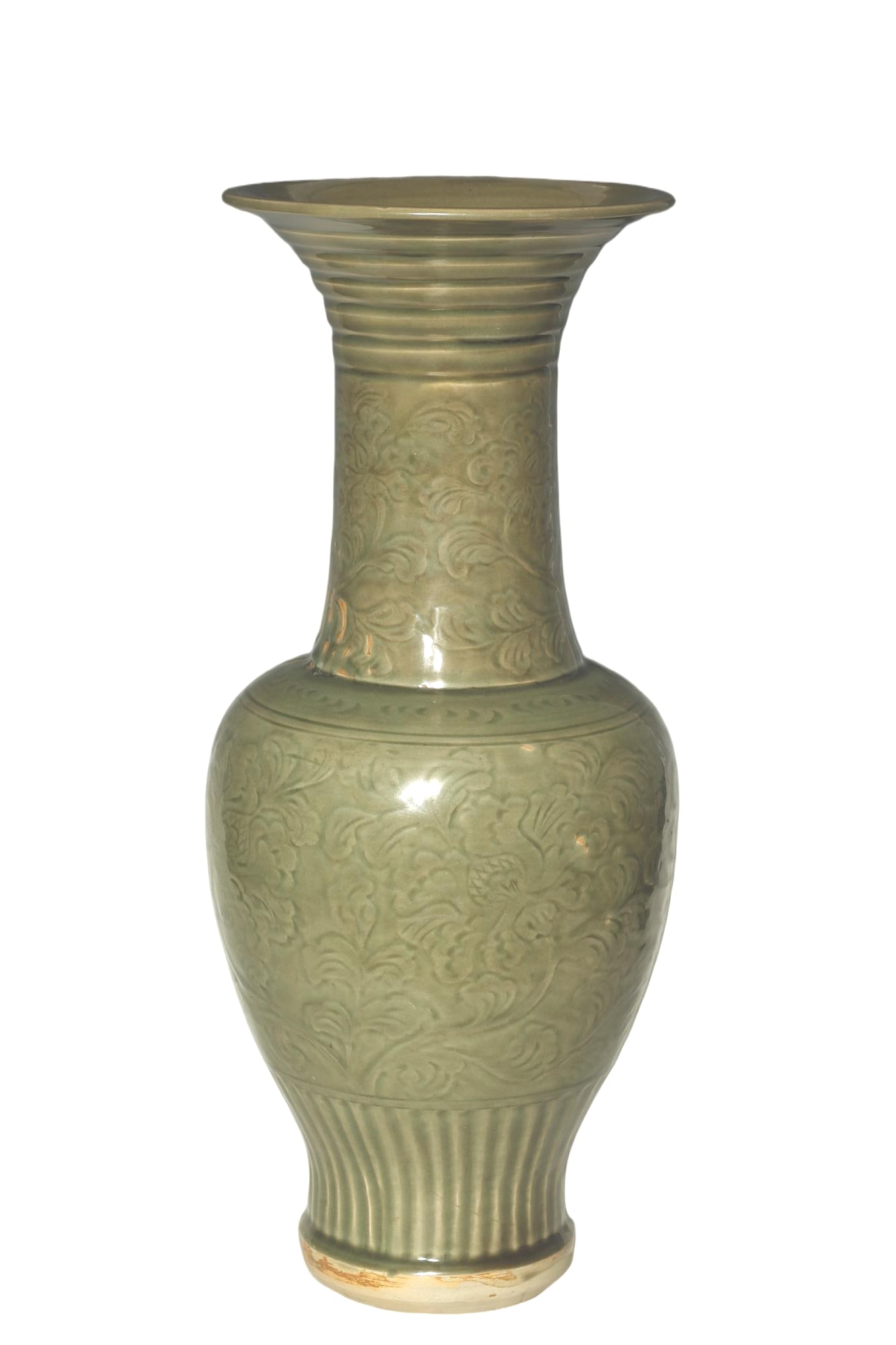 Ming Dynasty Longquan Celadon Phoenix-Tail Vase: Large Finely Carved Longquan Celadon Phoenix-Tail Vase. Chinese, Ming Dynasty, 14th-15th Century. Description: A large and finely carved Longquan celadon vase of phoenix-tail (fengweizhun) form, of co