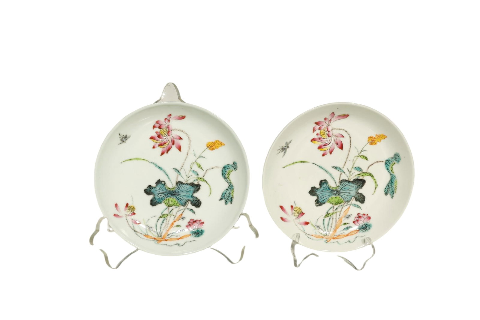 Qing Dynasty Famille Rose Lotus Pond Dishes: A FINE PAIR OF FAMILLE ROSE LOTUS POND DISHESQing Dynasty, Bearing Six-Character Guangxu Mark and of the Period (1875–1909)Height: 13.5cm.Description: Painted with scholarly refinement and botanical