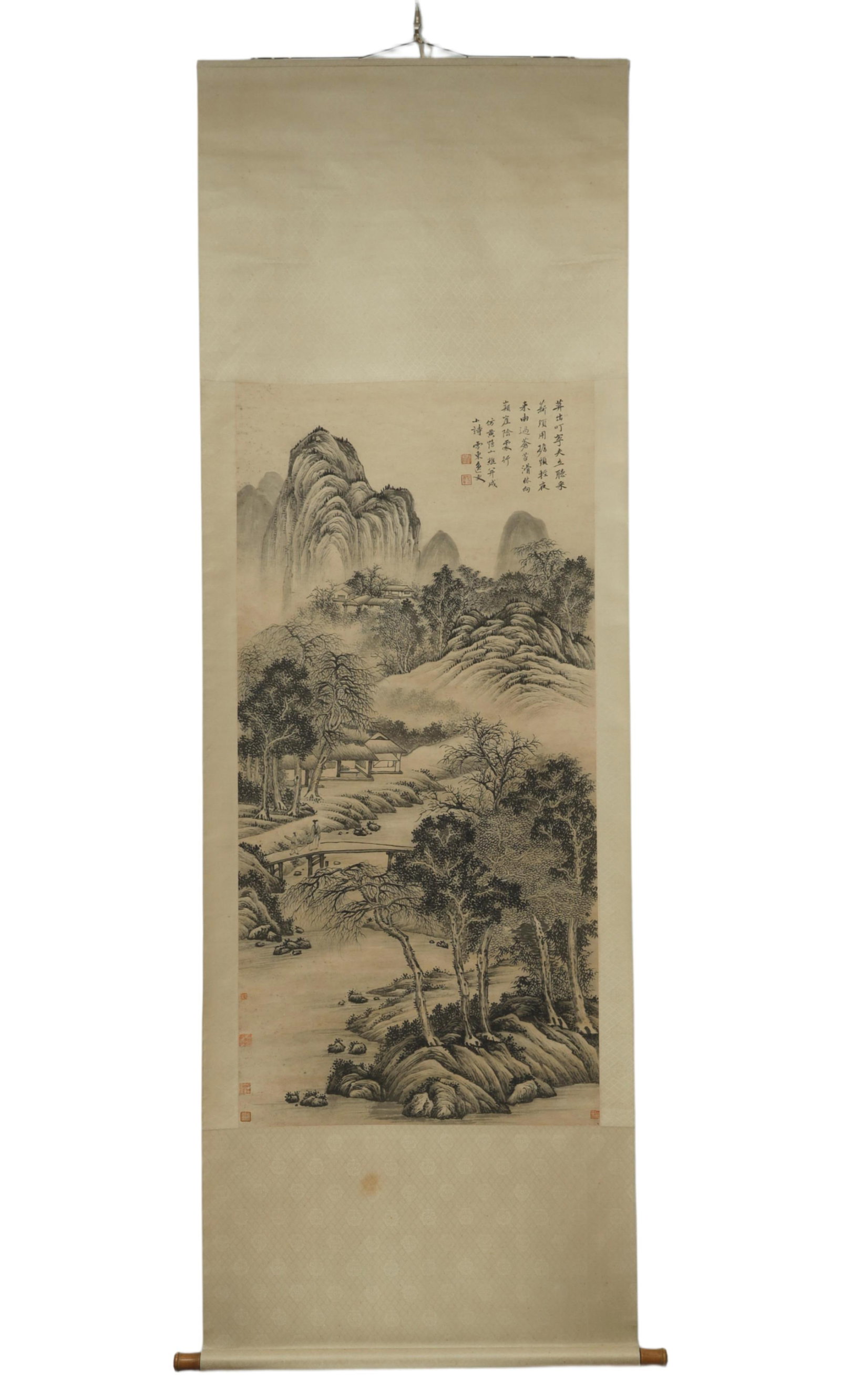 Qing Dynasty Ink Landscape Hanging Scroll by Yundong Yishi: Ink Landscape Hanging Scroll by Yundong Yishi. Chinese, Qing Dynasty. Description: A hanging scroll landscape painted in ink on paper, signed and sealed by the artist known by the studio name Yundong 