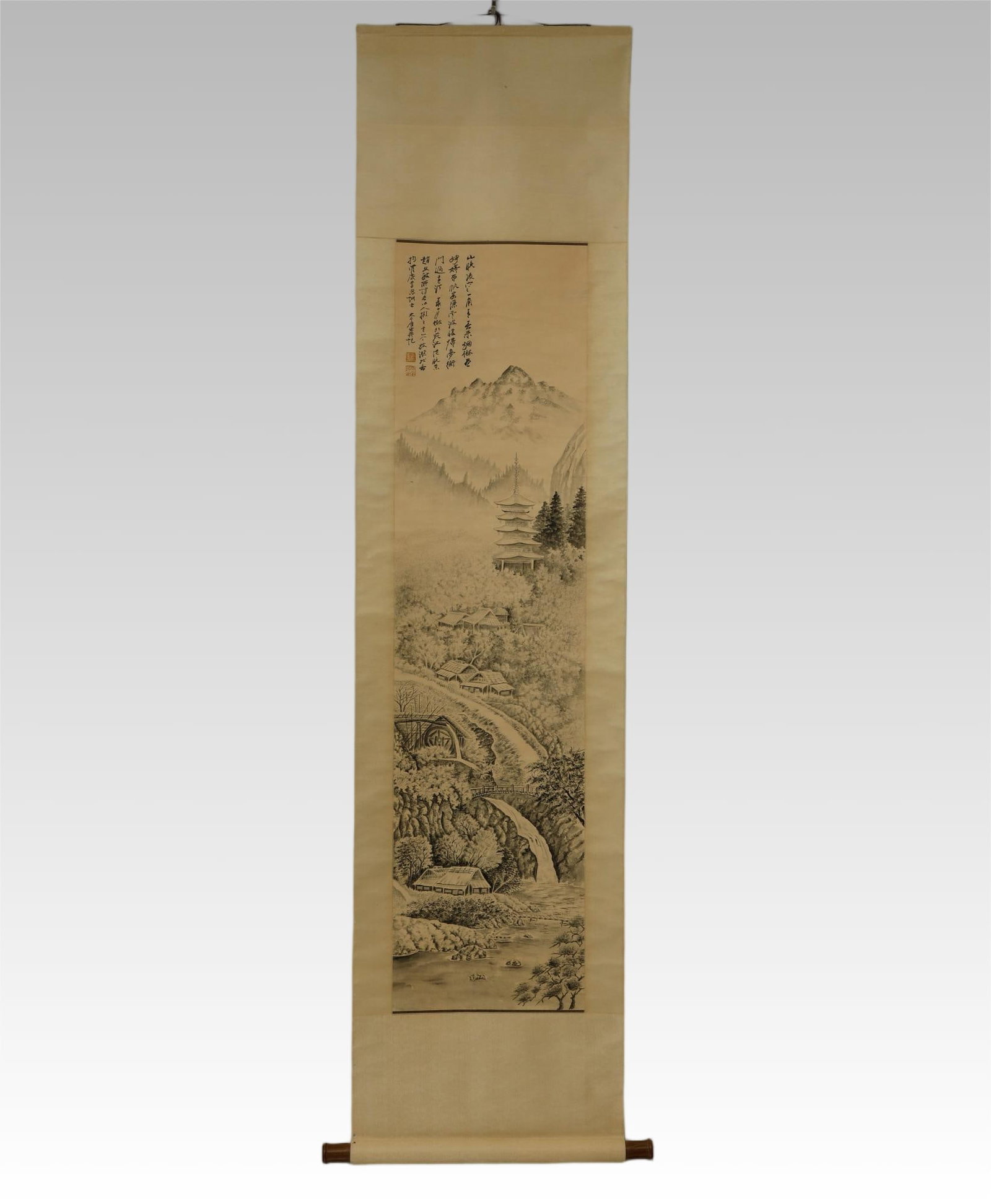 Republic DISTINGUISHED HANGING SCROLL OF INK PAINTING: A DISTINGUISHED HANGING SCROLL OF INK LANDSCAPE PAINTING. 20th Century, Republic PeriodLength 120cm, width 50.5cm Description: By Zhang Daqian (1899–1983).Executed in masterful monochrome ink, this 