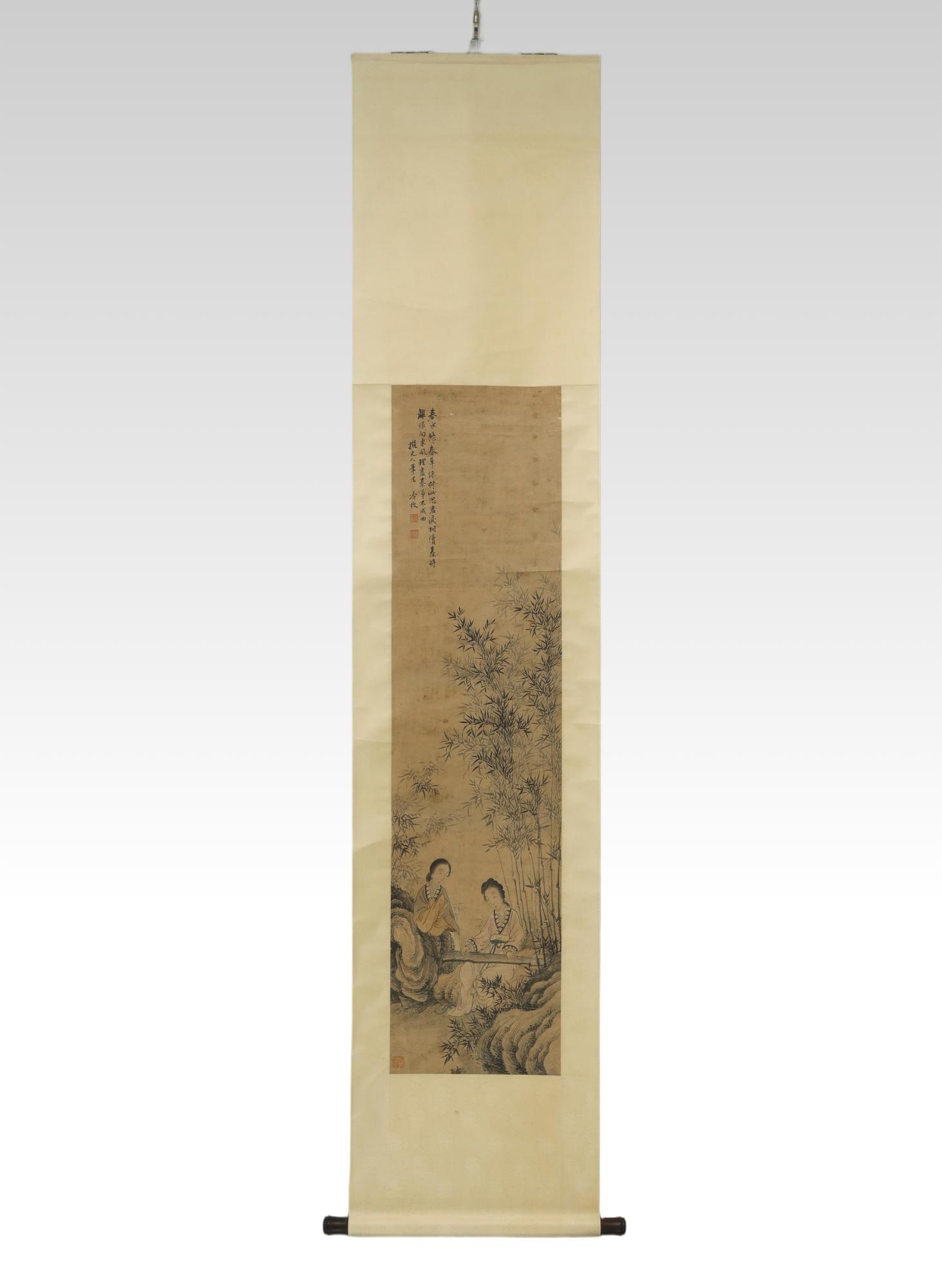 Qing Dynasty Scroll of Ink and Color on Paper: A SUPERLATIVE HANGING SCROLL OF INK AND COLOR ON PAPERQing Dynasty (1644–1911)Length 128, width 45Description: “Attendant Maidens with Cold Plum Blossoms”.This finely executed painting depic