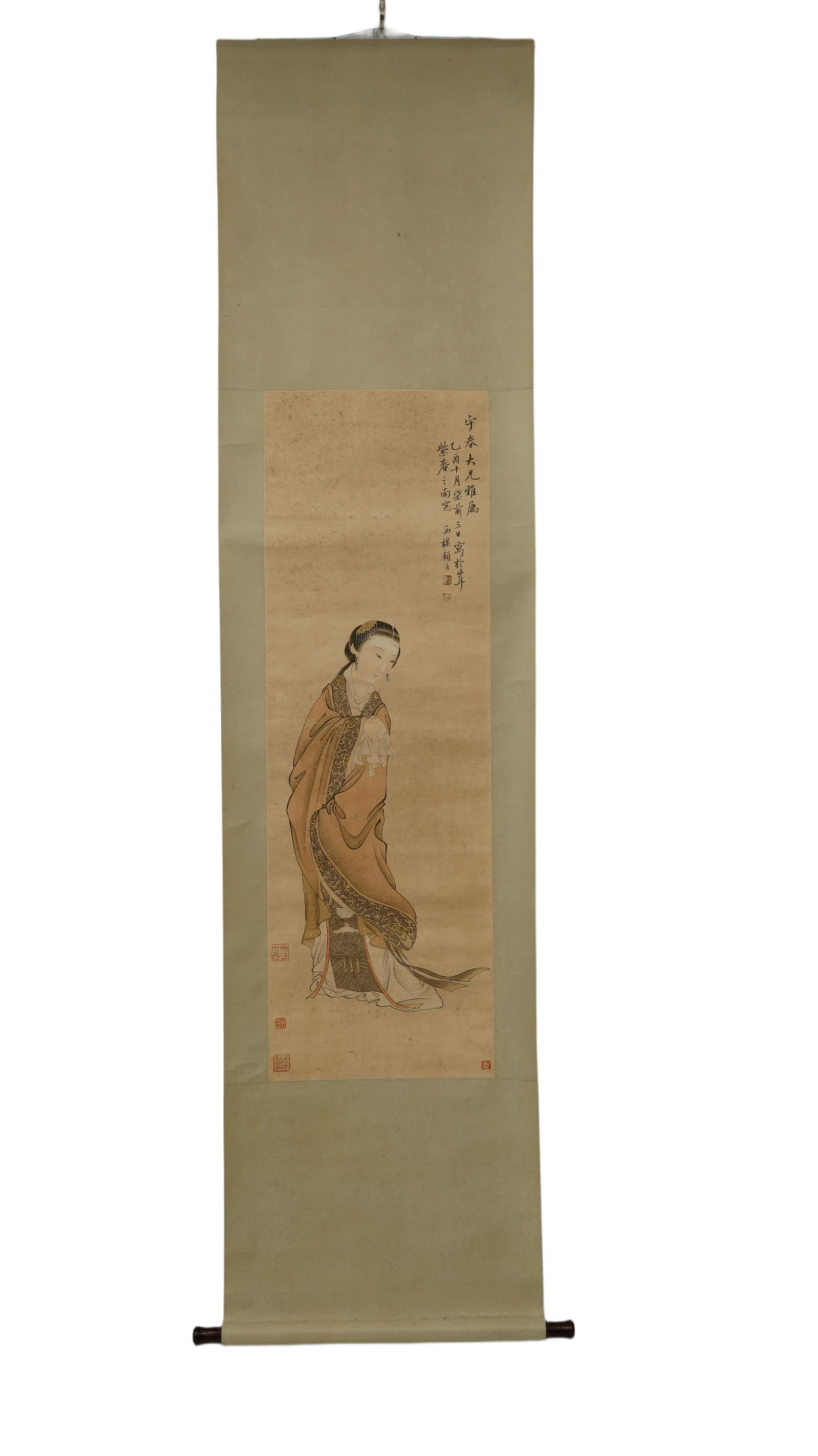 Qing Dynasty Ink and Color on Silk Hanging: Ink and Color on Silk Hanging Scroll, 'Elegant Beauty' (Shinu Tu)Chinese, Qing DynastyDescription: A hanging scroll painted in ink and color on silk, titled 'Elegant Beauty' (shinu tu), by Gu Yong, ac