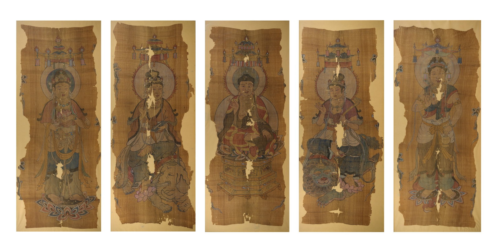 Jin Dynasty Exceptional Set of Five Liao-Jin: An Exceptional Set of Five Liao-Jin Period Hemp Paintings of Bodhisattvas (Buddha)Chinese, Liao–Jin dynasty, circa 11th–13th centuryLength 105 cm × Width 42 cmDescription: A set of five fragmenta