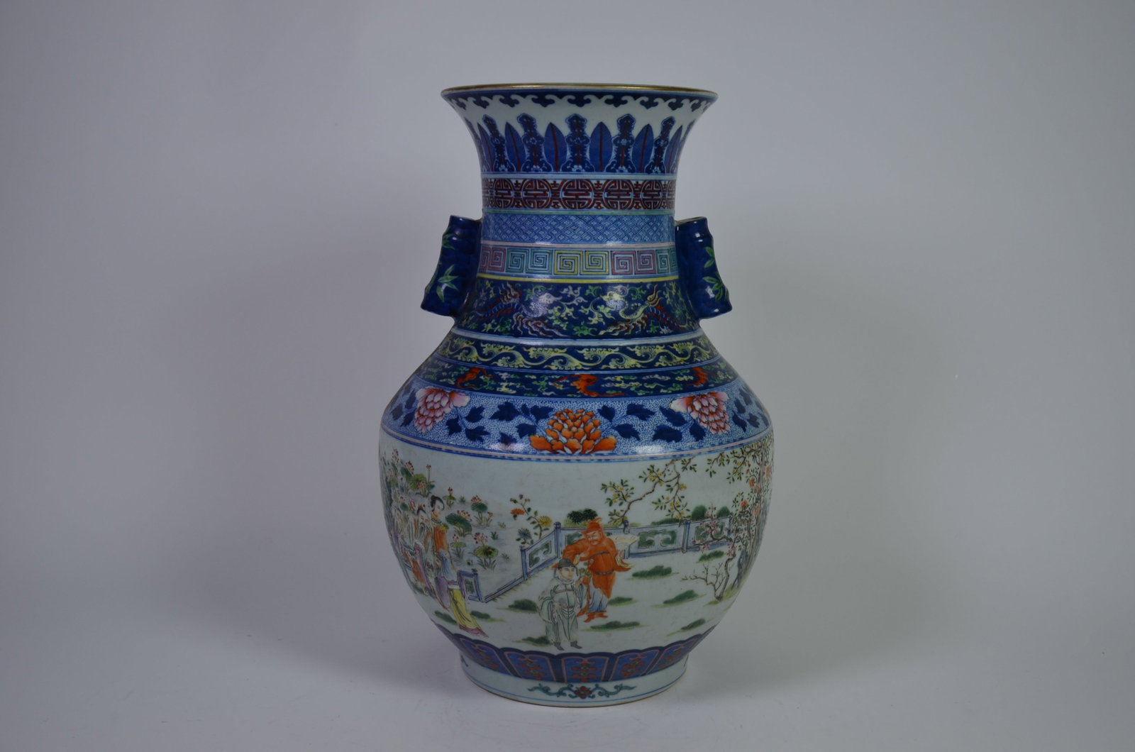 Qing Qianlong-Marked Famille Rose Figural-Story: Qing Qianlong-Marked Famille Rose Figural-Story Twin-Tube-Handle Zun VaseQing Dynasty, Qianlong MarkHeight: 39cm Foot Diameter: 15cmDescription: A zun-form vase with flaring trumpet mouth and full bal