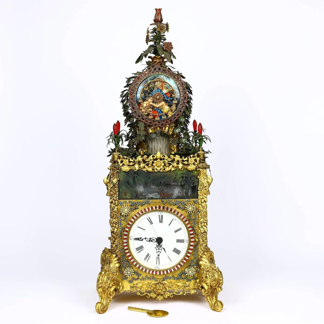 Qing-MAGNIFICENT GILT-BRNZ/ROCK CRYSTAL/PASTE-SET AUTOMATON TABLE CLOCK (1 of 13)