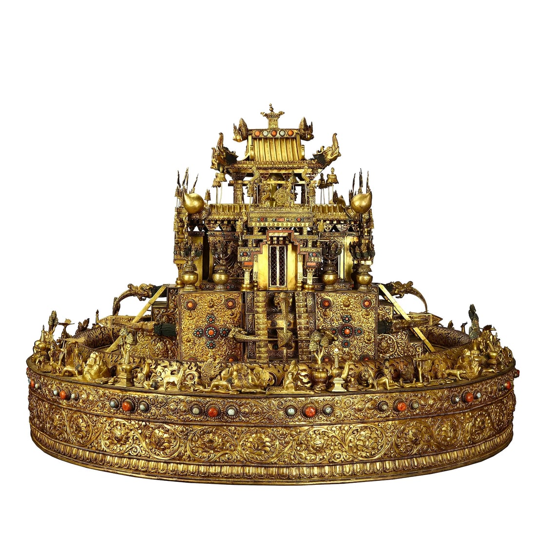 Qing Dynasty Rare Gilt-Bronze and Gem-Set: A Magnificent and Exceptionally Rare Gilt-Bronze and Gem-Set Mandala of Vajrabhairava (Yamantaka), Inscribed with a Qianlong Reign Cyclical DateQing Dynasty, Qianlong PeriodHeight: 110cm, Caliber : 14