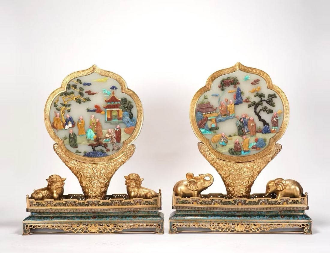 Qing Dynasty Cloisonné Gilt and Inlaid Screen: An Exceptional Pair of Qing Dynasty Cloisonné Gilt and Inlaid Screen Panels Depicting the Eighteen ArhatsChinese, Qianlong Period (1736–1795)Height 57 cm × Width 47 cmDescription: Each screen is m