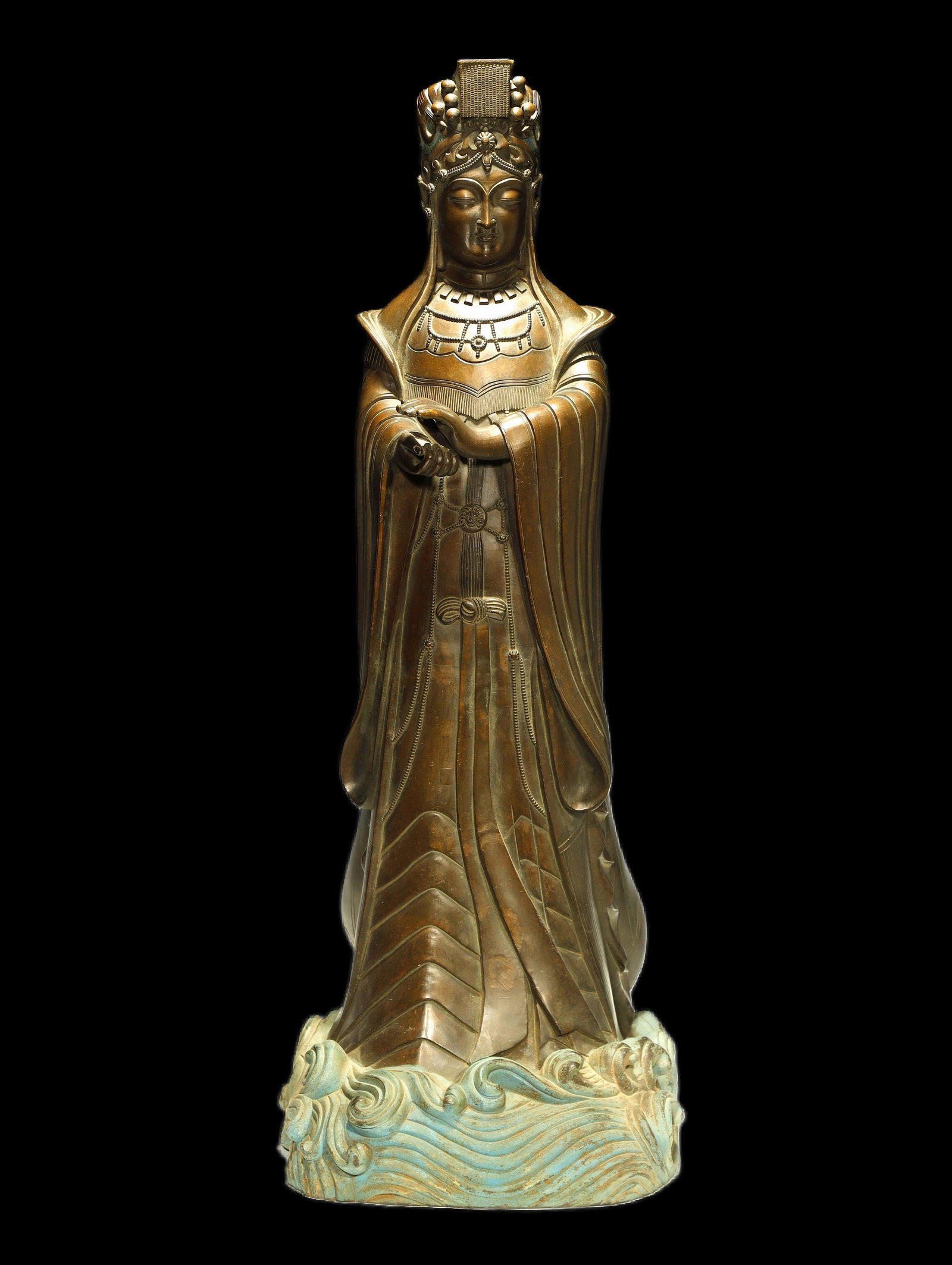 Ming Dynasty Bronze Statue of Mazu, Heavenly: Ming Bronze Statue of Mazu, Heavenly EmpressChinese, Ming DynastyHeight 71 cm x Base 25.5 x 26 cmDescription: A large standing bronze alloy figure of Mazu, the Heavenly Empress and patron deity of sea