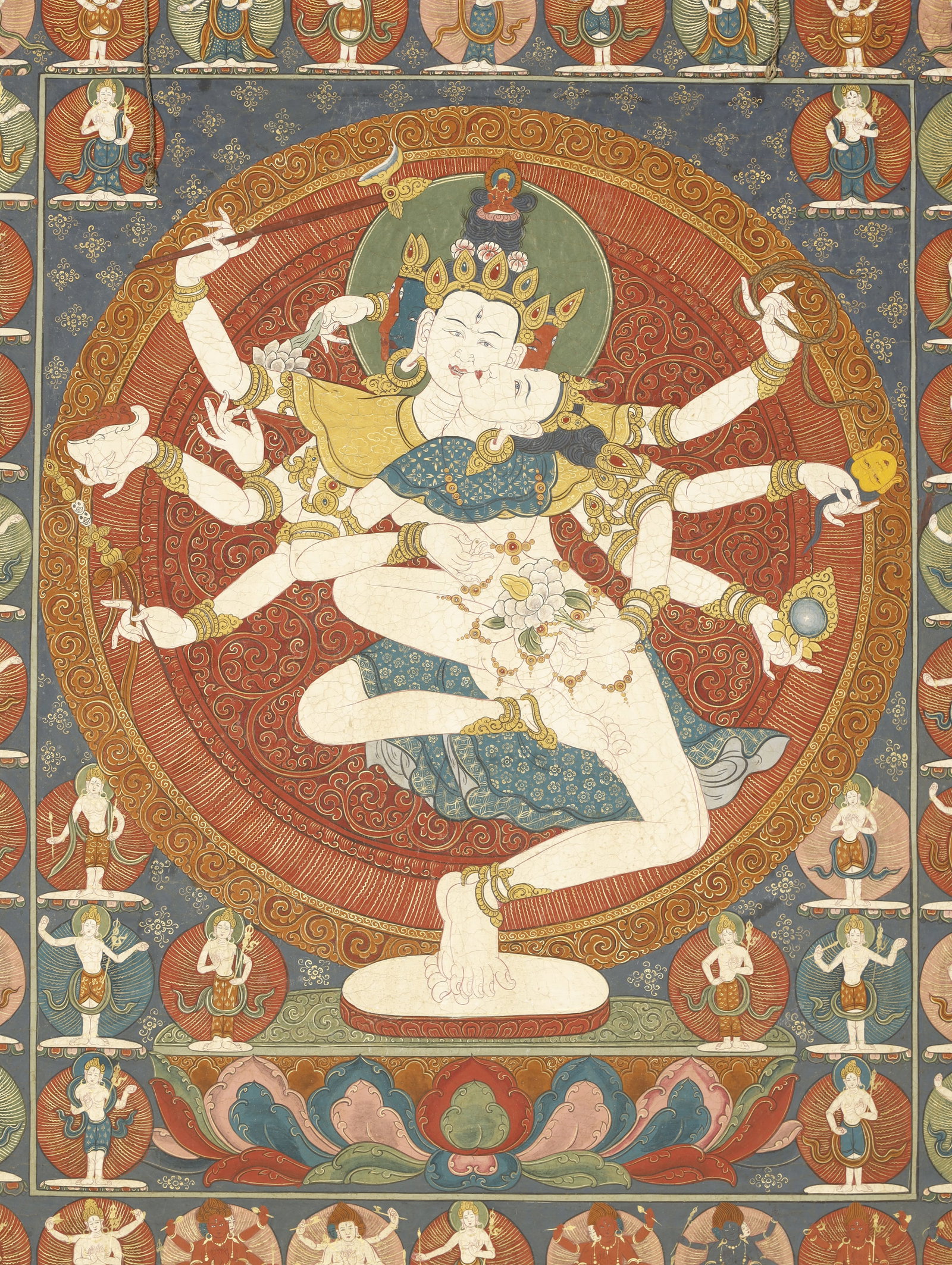 Qing Dynasty Thangka of Eight-Armed Thangka: A Painted Thangka of Eight-Armed Avalokiteshvara in UnionChina/Tibet, Qing Dynasty34.3 x 27.8 in. (87 x 70.5 cm)Description: A hand-painted thangka depicting a multi-armed, dancing form of Avalokitesh