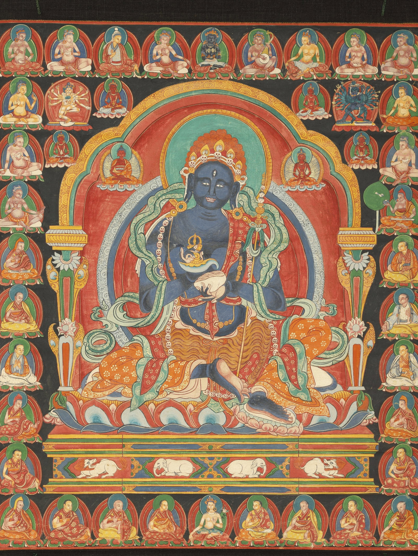 Qing Dynasty Thangka of Vajrapani: A Painted Thangka of VajrapaniChina/Tibet, Qing Dynasty22 x 18.1 in. (56 x 46 cm)Description: A hand-painted thangka of Vajrapani, the wrathful protector deity of the Buddha, rendered in a dark, dynam