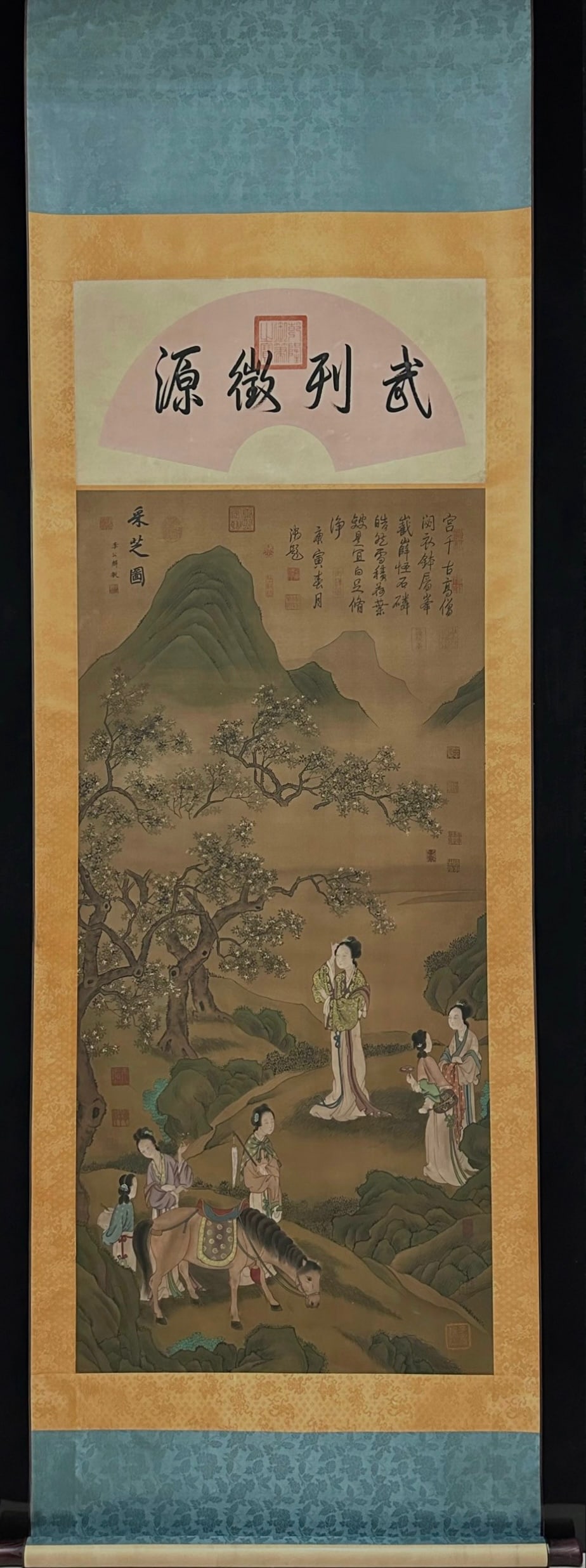 Song Dynasty, Li Gonglin, "Gathering Herbs,": Song Dynasty, Li Gonglin, "Gathering Herbs," Silk PaintingLi Gonglin (Song Dynasty, 1049-1106)Height: 139cm Width: 65cmDescription: A hanging scroll silk painting titled "????" ("Gathering Herbs"), de