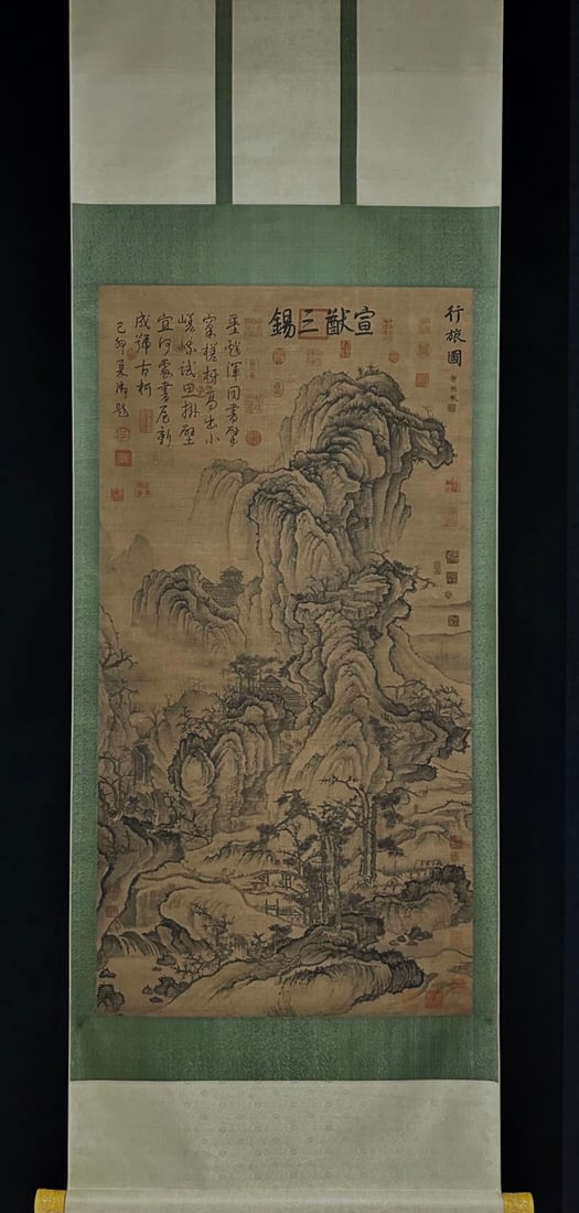 Song Dynasty, Guo Xi, "Travelers," Silk Painting: Song Dynasty, Guo Xi, "Travelers," Silk PaintingGuo Xi (Song Dynasty, circa 1020-1090)Height: 134cm Width: 70cmDescription: A hanging scroll silk painting titled "???" ("Travelers"), depicting a dense