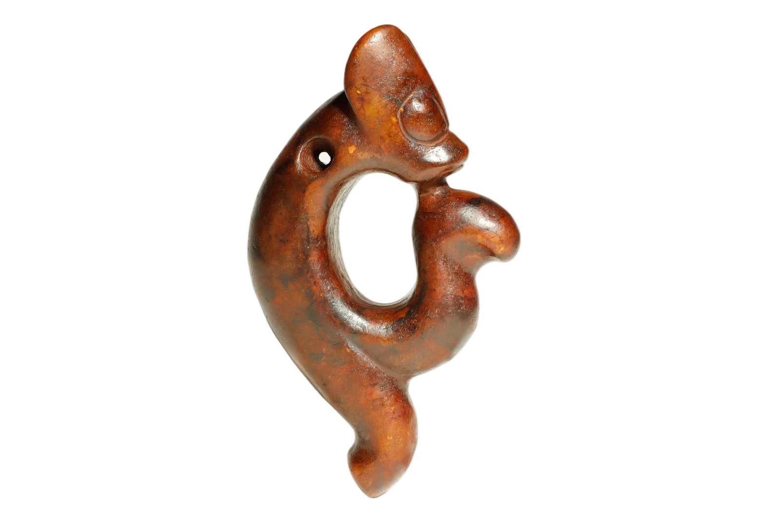 Chinese Hongshan (Neolithic) Culture Red-Sheen: Hongshan Culture Red-Sheen C-Shape Jade Pig-DragonChinese, Hongshan Culture, Neolithic PeriodHeight 12.5 cm x Width 7 cmDescription: A jade pig-dragon (zhulong) of the classic curled C-form associated