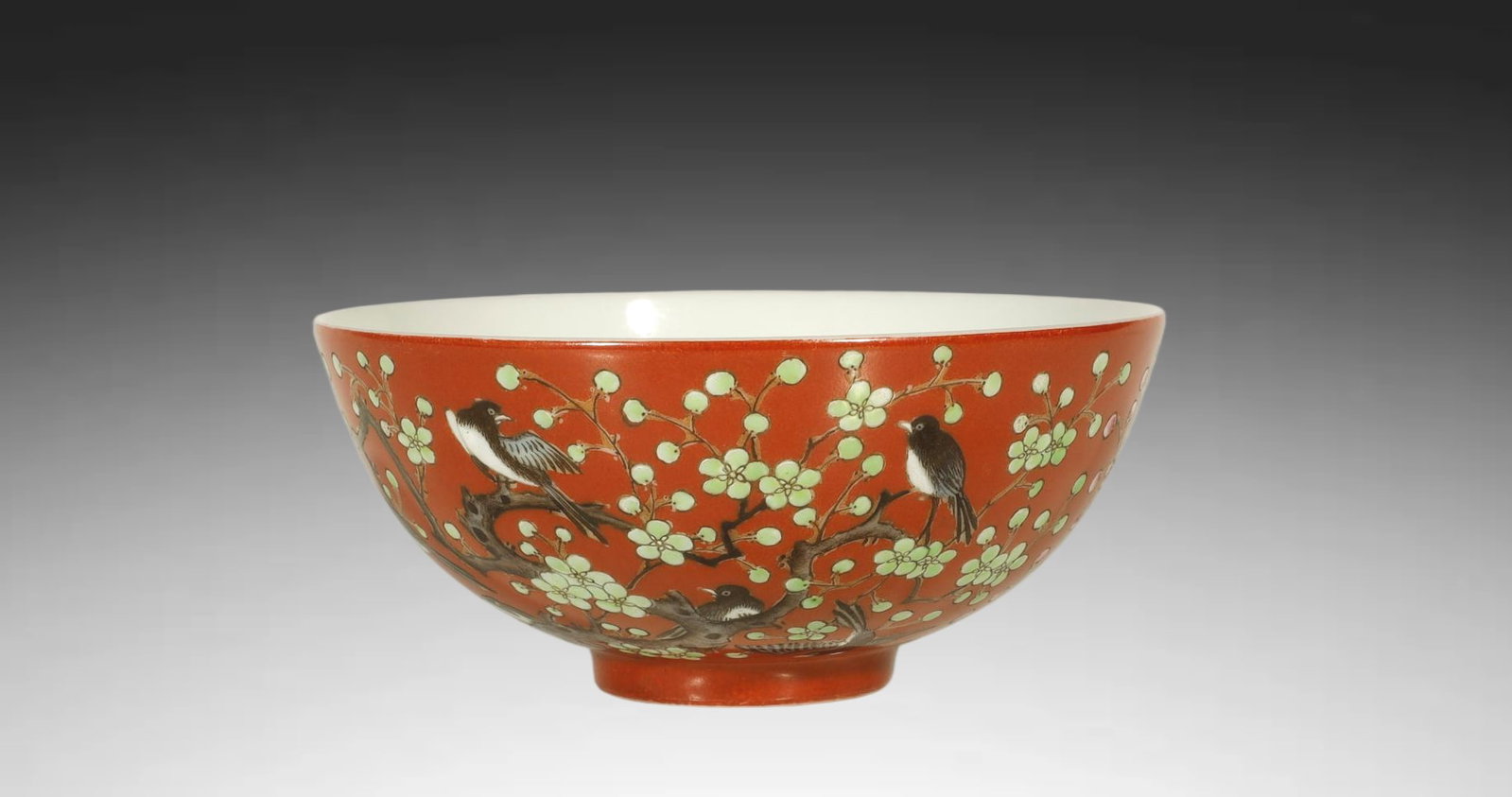 Qing Dynasty - Tongzhi Coral-Red Ground Famille Rose 'Good News Anytime' Bowl: Tongzhi Coral-Red Ground Famille Rose 'Good News Anytime' BowlChinese, Qing Dynasty, Tongzhi PeriodHeight 4.8 cm x Mouth Diameter 10.8 cm....Description: A porcelain bowl covered on the exterior in a 