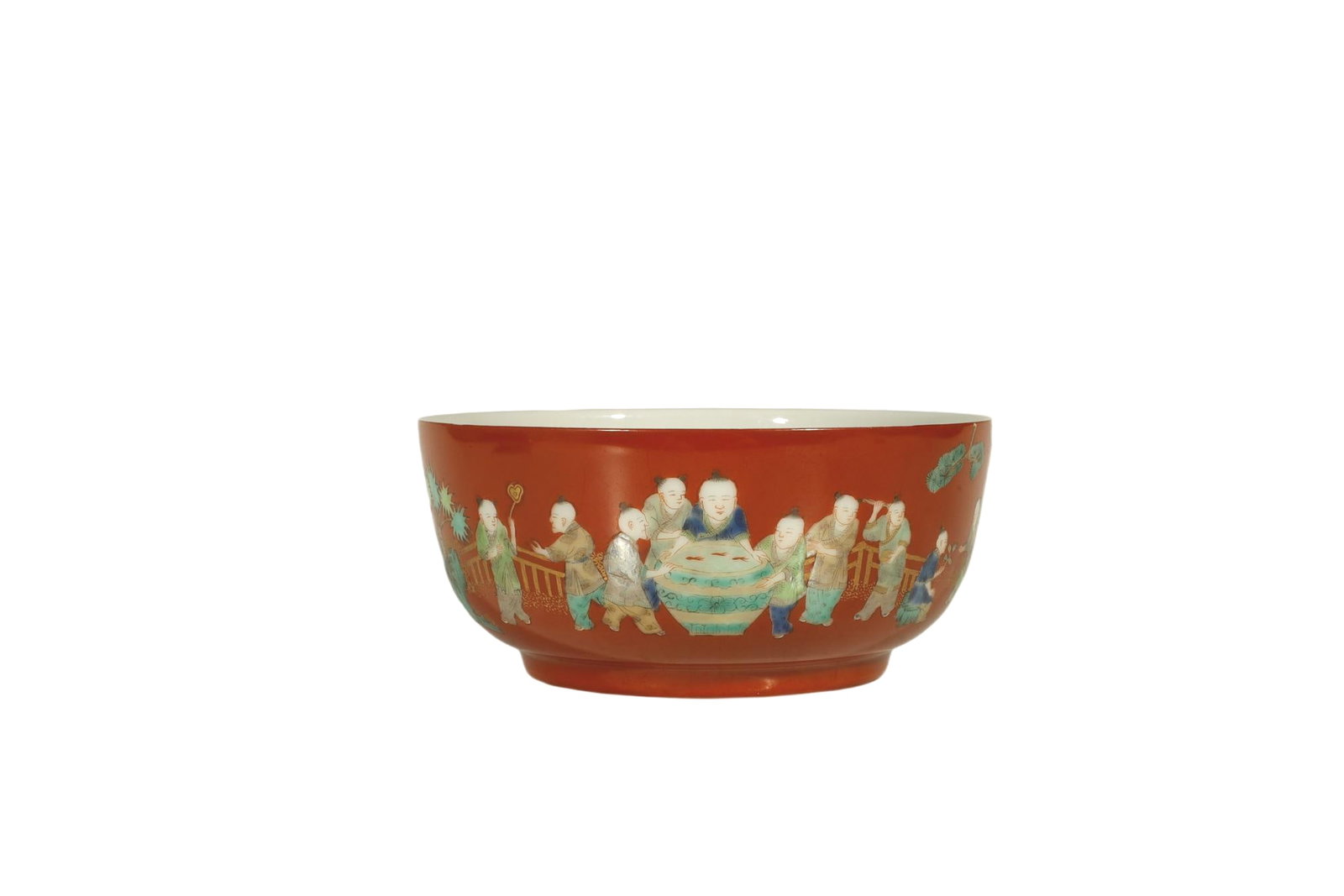 Qing Dynasty Coral-Red Glazed Famille Rose: Coral-Red Glazed Famille Rose 'Children at Play' Bowl with Gilt Five Blessings Holding LongevityChinese, Qing DynastyHeight 6.8 cm x Mouth Diameter 15.3 cmDescription: A porcelain bowl, the exterior c